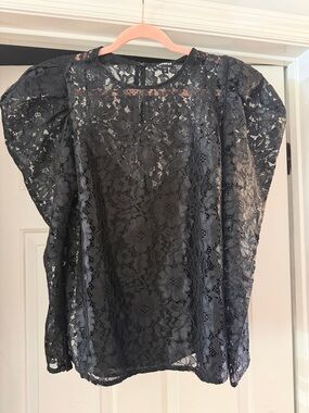 Express Black Floral Lace Puff-Sleeve Blouse